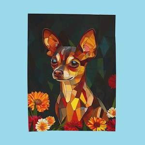 Velveteen Plush Blanket, Chihuahua Dog Flowers Stained Glass Motif, Home Decor, Cozy Throw, Soft Bedding, Winter Blanket, Lap Blanket