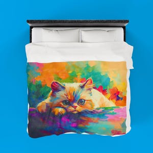 Velveteen Plush Blanket - Colorful Kitty Design, White Cat Art Print, Cozy Throw, Unique Home Decor, Animal Lover Gift, Cat Lady Present