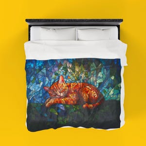 Couverture en velours côtelé, jeté de peluche confortable de style vitrail chat orange endormi, cadeau de décoration d'intérieur de literie, accessoires de salon pour canapé-lit,