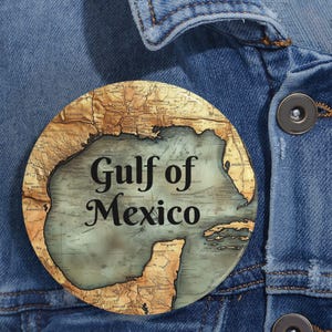 ヴィンテージ メキシコ湾地図ピン、地理愛好家用ラウンドバッジ、地図精度サポーターブローチ、旅行者用ピンバックボタン、地図作成愛好家