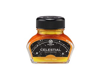 Helios' Glow - glitterinkt voor vulpennen van Octopus Fluids - geel met gouden glans - verkrijgbaar in een inktpotje of als inktmonster.