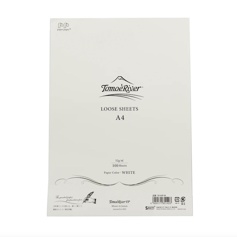 May include: A white A4 loose leaf paper pad with the text "Tomoe River" and "LOOSE SHEETS A4" printed on the front. The paper is 52g/m and comes in a pack of 100 sheets.