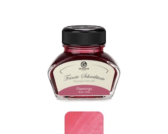 May include: A glass bottle of Flamingo fountain pen ink with a black screw cap. The label reads Octopus Fluids, Feinste Schreibtinte, Fountain Pen Ink, Flamingo, 30 ml - 1 fl.oz. Below the bottle is a rectangular swatch of pink ink.