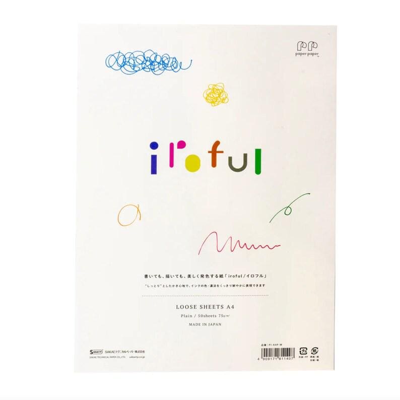 May include: White loose sheets A4 paper with the word "iroful" in colorful letters. The paper has colorful scribbles and the text "LOOSE SHEETS A4" and "MADE IN JAPAN".