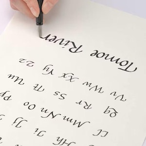 May include: A close-up of a hand writing the words "Tomoe River" in cursive on a white sheet of paper. The letters are written in black ink. Below the words are various letters of the alphabet written in cursive.