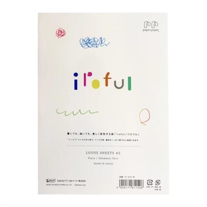 May include: White A5 loose sheets of paper with the word "iroful" in colorful letters. The paper has colorful doodles and the text "LOOSE SHEETS A5 Plain / 100 sheets 75g" printed on it. Made in Japan.