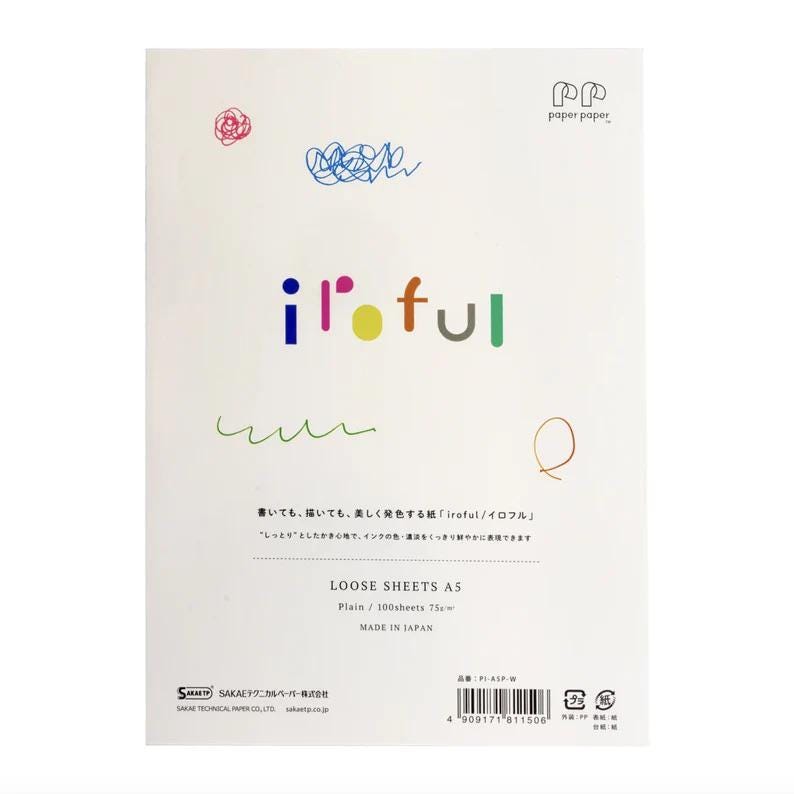 May include: White A5 loose sheets of paper with the word "iroful" in colorful letters. The paper has colorful doodles and the text "LOOSE SHEETS A5 Plain / 100 sheets 75g" printed on it. Made in Japan.