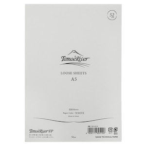 May include: A white paper pad with the text "Tomoe River" and "Loose Sheets A5" printed on the front. The back of the pad shows the text "100 Sheets, Paper Color: WHITE, Made in Japan, 52g/m2, SAKAE TECHNICAL PAPER".