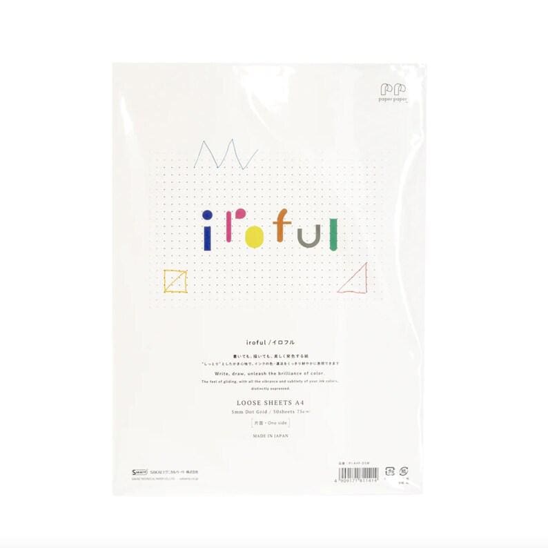 May include: A package of A4 loose sheets with the word "iroful" in colorful letters. The sheets are white with a dotted grid pattern and decorative geometric shapes. The packaging is clear plastic.
