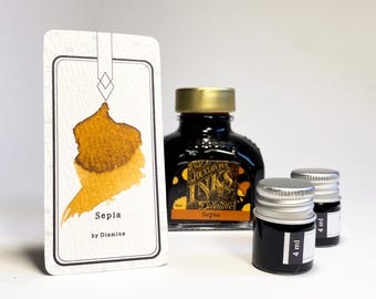 Sepia vulpeninkt van Diamine - Beige/bruine vulpeninkt Inktmonster en inktpot - Kwaliteitsinkt voor kalligrafie en schrijven