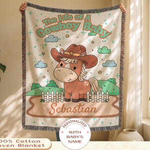 The Life Of A Baby Cowboy Blanket, Personalized Name Farm Animal Throw, Funny Western Nursery Decor, Custom Baby Shower Gift For Newborn