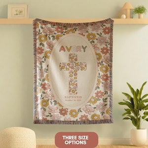 Personalized Baptism Blanket: Floral Cross Woven Christening Keepsake
