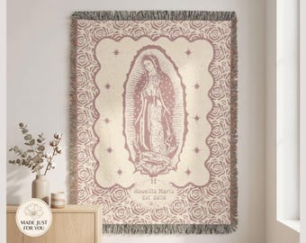 Personalized Virgen de Guadalupe Woven Blanket | Vintage Floral Catholic Abuela Gift | Grandma Birthday Gift | Religious Grandparent Blanket