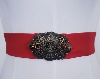 Vintage 80s Brass Filigree buckled Red Cinch Belt ML