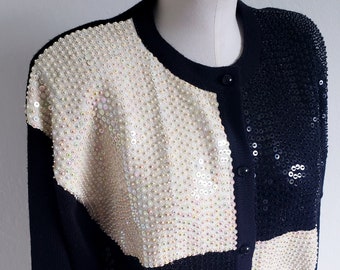 Vintage 80s Colorblock Black and White Iridescent Sequin Cardigan