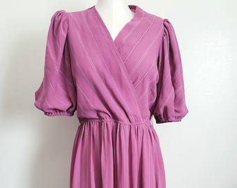 Vintage 80s Liz Roberts  Pink Striped Near Sheer Puffed Sleeve Midi Dress ML