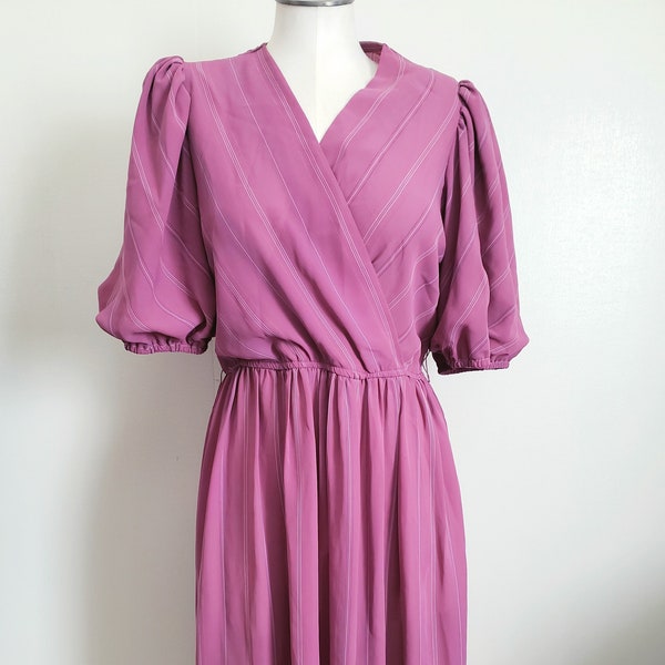 Vintage 80s Liz Roberts  Pink Striped Near Sheer Puffed Sleeve Midi Dress ML
