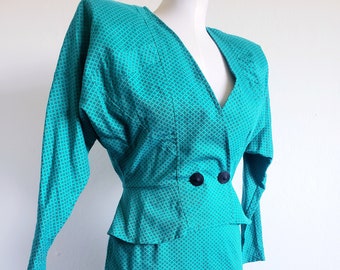 Vintage 80s Teal Batwing Peplum Suit M