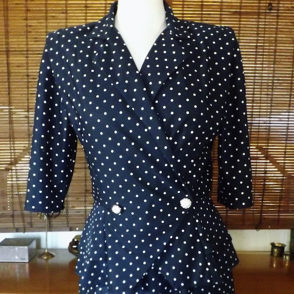 Vintage 80s does 40s Navy Polka Dot 2 Pc Peplum Blouse and Skirt set M Free shipping
