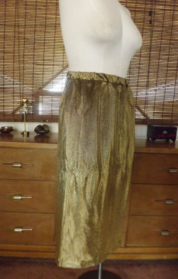 Vintage 60s Metallic Gold Ribbed Midi Skirt M - L… - image 4