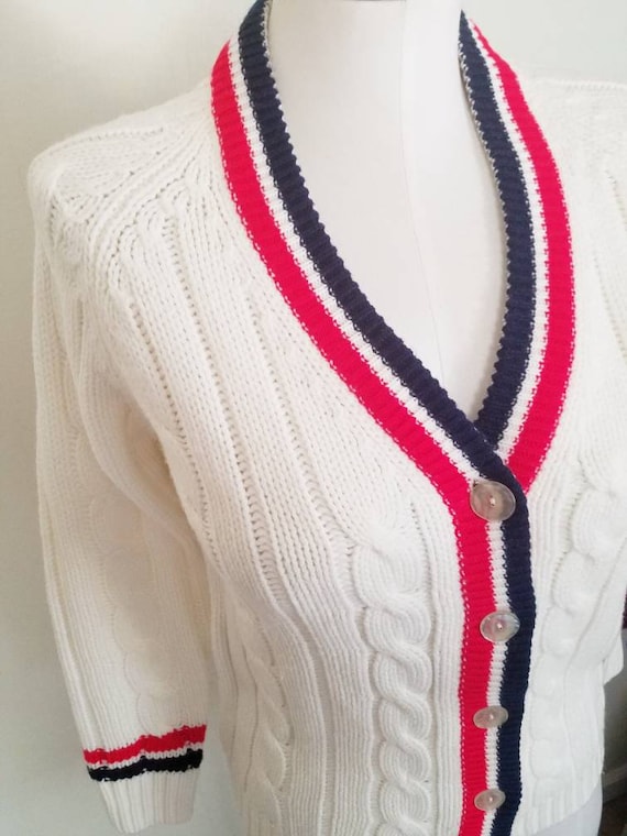 Vintage 70s red and navy striped cream cardigan M - image 2
