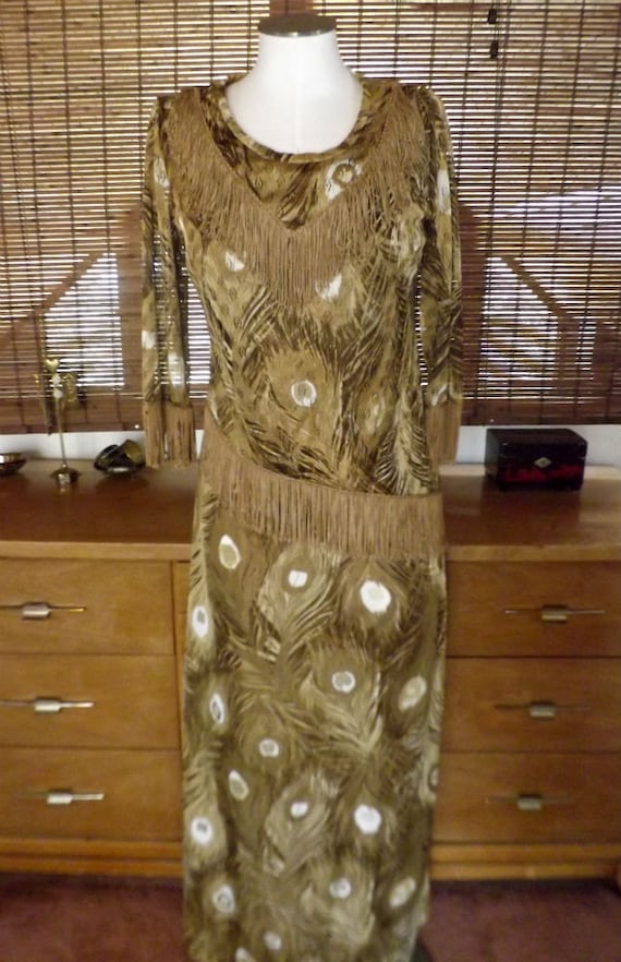 Vintage 60s Earthy Peacock Print Maxi Dress and F… - image 1