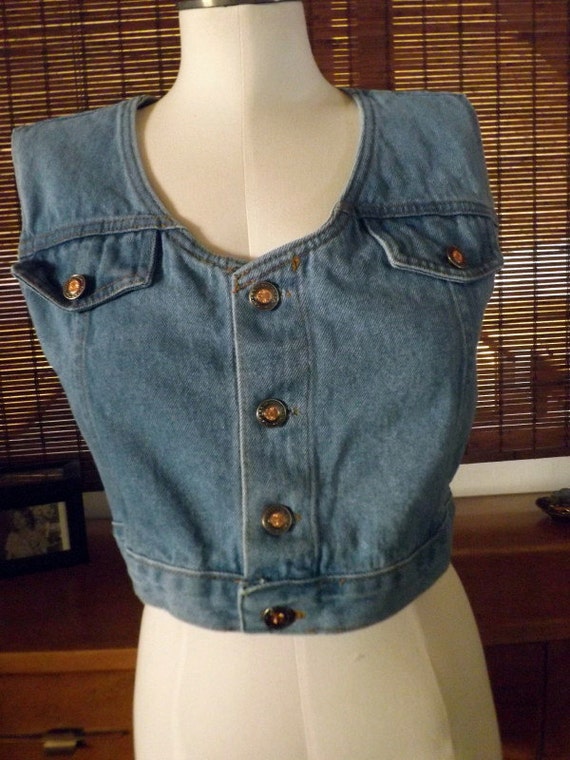 Vintage 80s Button Front Crop top Denim Jean Vest… - image 2