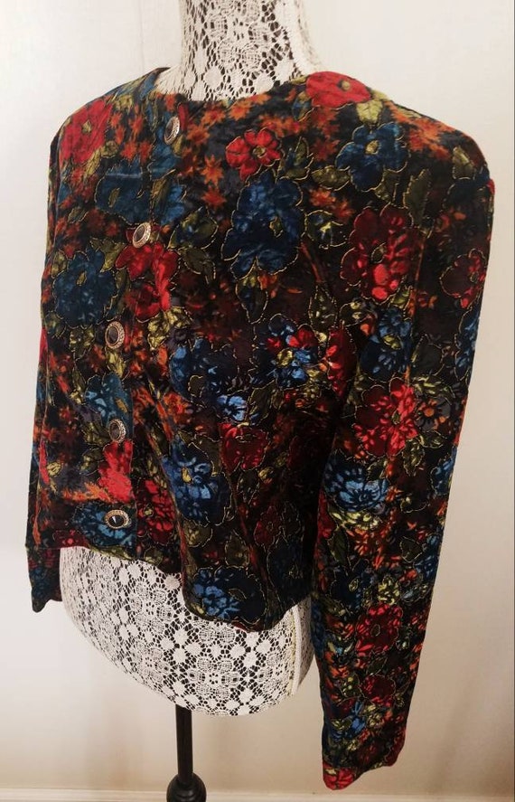 Vintage Fall Florals Velvet metallic Crop Jacket M - image 3