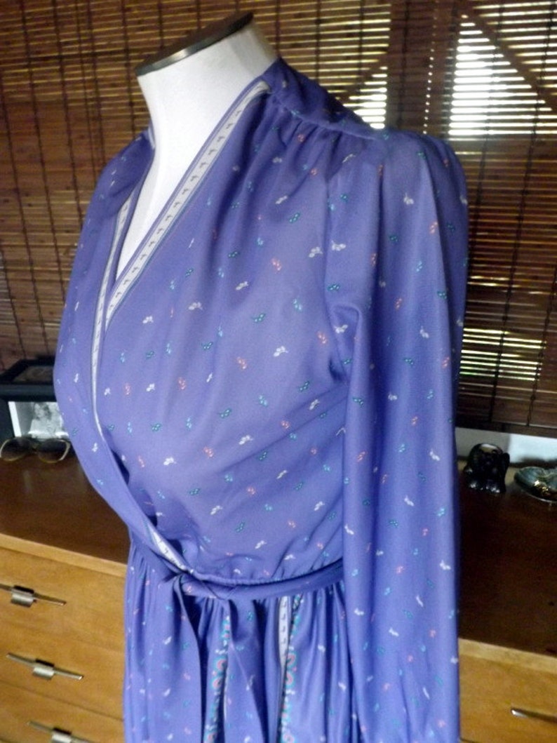 Vintage Near Sheer Lavender Floral Border Print Boho Disco Dress M/L Free shipping image 5