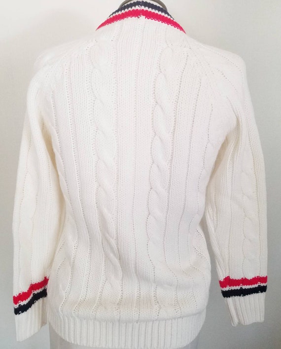 Vintage 70s red and navy striped cream cardigan M - image 4