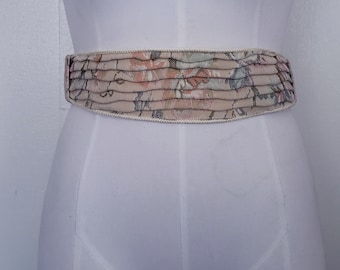 Vintage 80s cream floral tapestry cumberbund beach belt S M