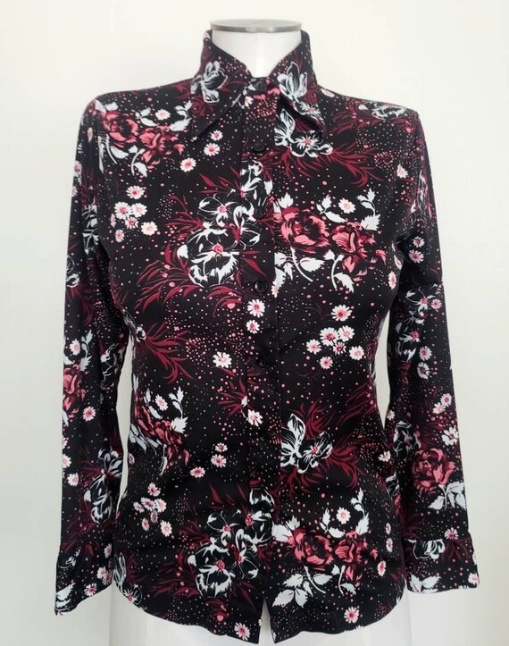 Vintage 70s floral Pointed Collar blouse M - image 2