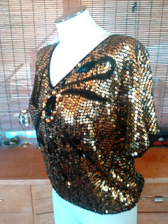 Vintage metallic gold on black floral Sequin blous