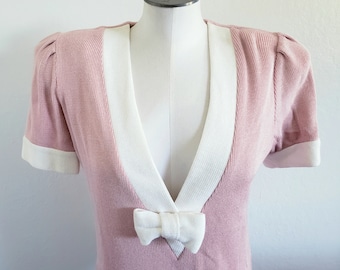 Vintage 80s Pink Big Bow Puffed Sleeve Sweater M L