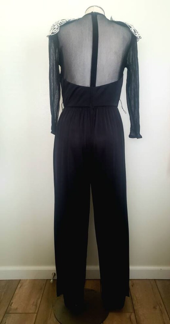 Vintage 80s Black Illusion Filigree Glam Romper M - image 4