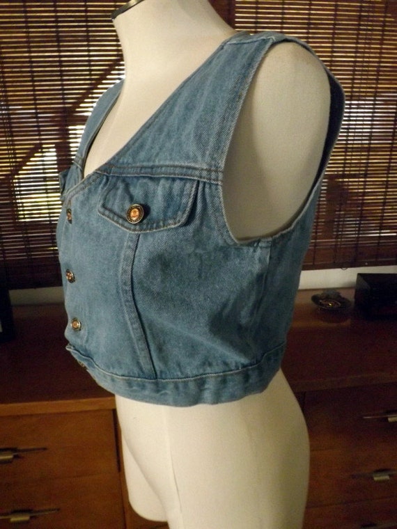 Vintage 80s Button Front Crop top Denim Jean Vest… - image 3