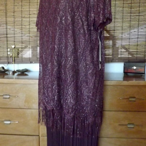 Vintage 80 does 20s Deadstock Metlallic Burgundy Crochet and Chiffon Pleated two piece Hostess Dress XL Free Shipping