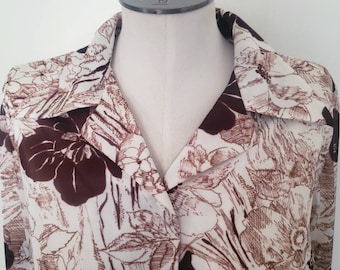 Vintage 70s Graff Brown Floral Pointed Collar Disco Blouse M