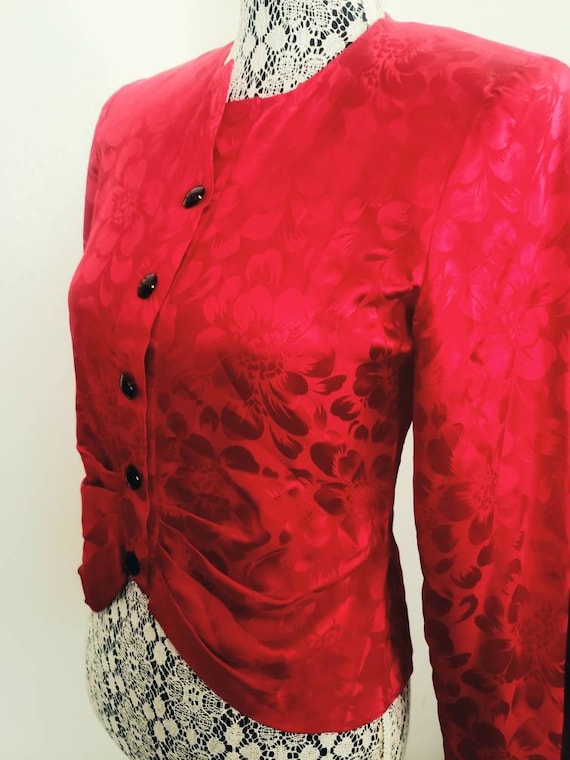 Vintage 80s  Red Silk Damask Pleated button front… - image 6