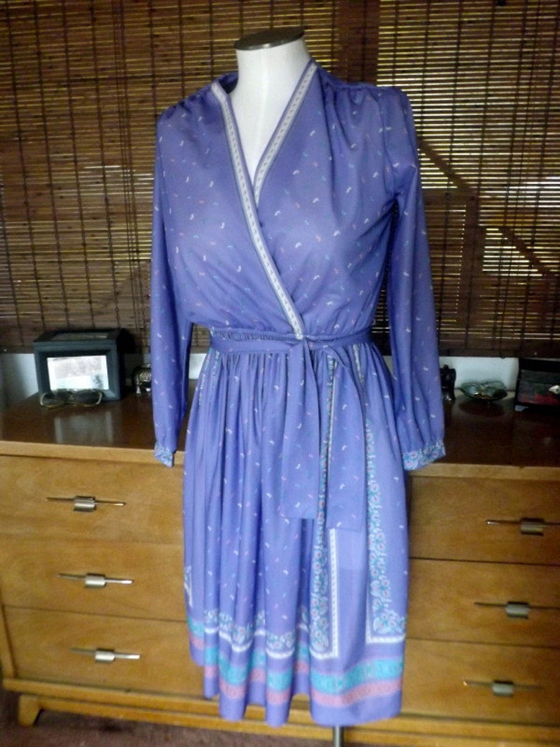 Vintage Near Sheer Lavender Floral Border Print Boho Disco Dress M/L Free shipping image 1