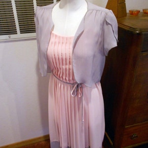 Vintage 80s near sheer Pink and Grey 2pc Flutter sleeve crop jacket and Chiffon Pleated Disco Dress S image 1