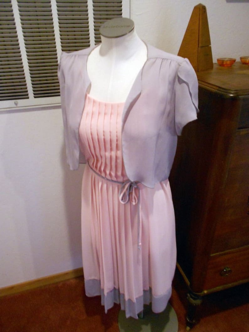 Vintage 80s near sheer Pink and Grey 2pc Flutter sleeve crop jacket and Chiffon Pleated Disco Dress S image 1