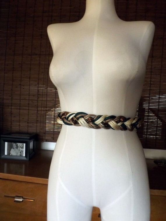 Vintage 80s Earthtones Braided and Wooden Beaded … - image 4