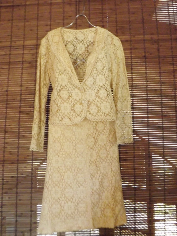 Vintage 70s Beige Lace Skirt and Sheer lace blaze… - image 1