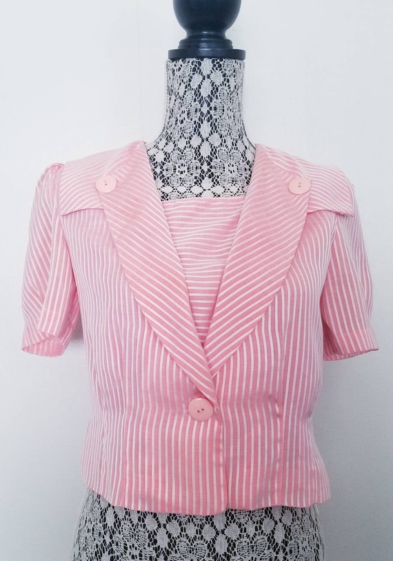Vintage 80s Peachey Pink Pinstriped Sailor collar… - image 2