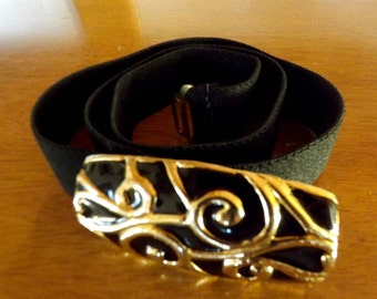 Vintage 80s Black and Gold Swirl Enamel New Wave Skinny Disco Cinch Belt  S-M Free Shipping