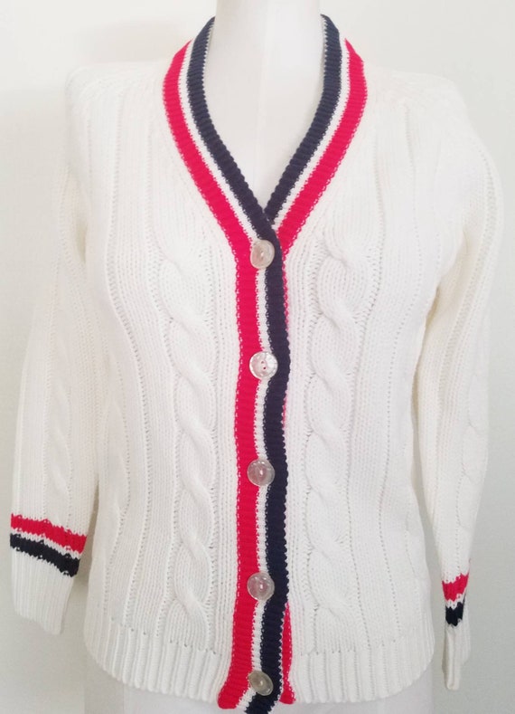 Vintage 70s red and navy striped cream cardigan M - image 5