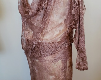 Vintage Taupe Lace Dropwaist Draped back Flapper Dress S M