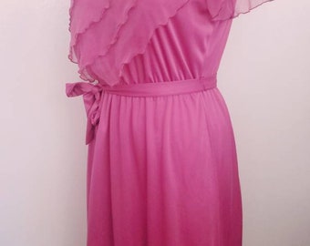 Vintage 70s 80s Dusty Rose Asymetrical ruffled Bib Disco Midi Dress M