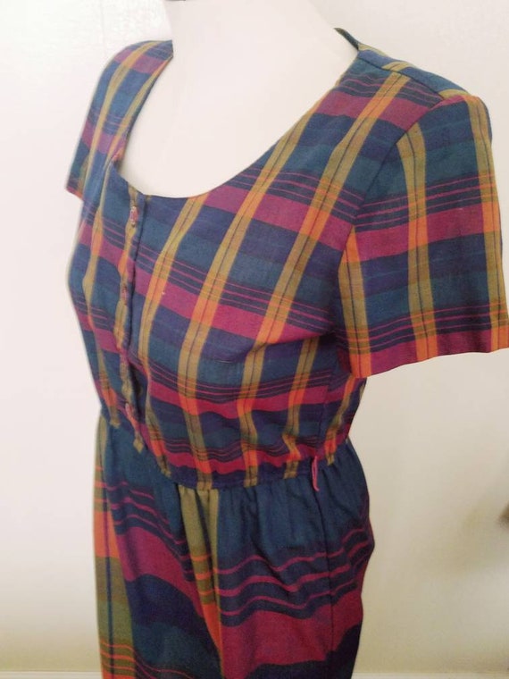 Vintage 80s Simple Plaid Cotton Shirtwaist Middi … - image 3